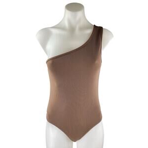 Bacio Women's Brown Rib Knit Sleeveless One Shoulder Yoga Bodysuit Tank Top Sz S